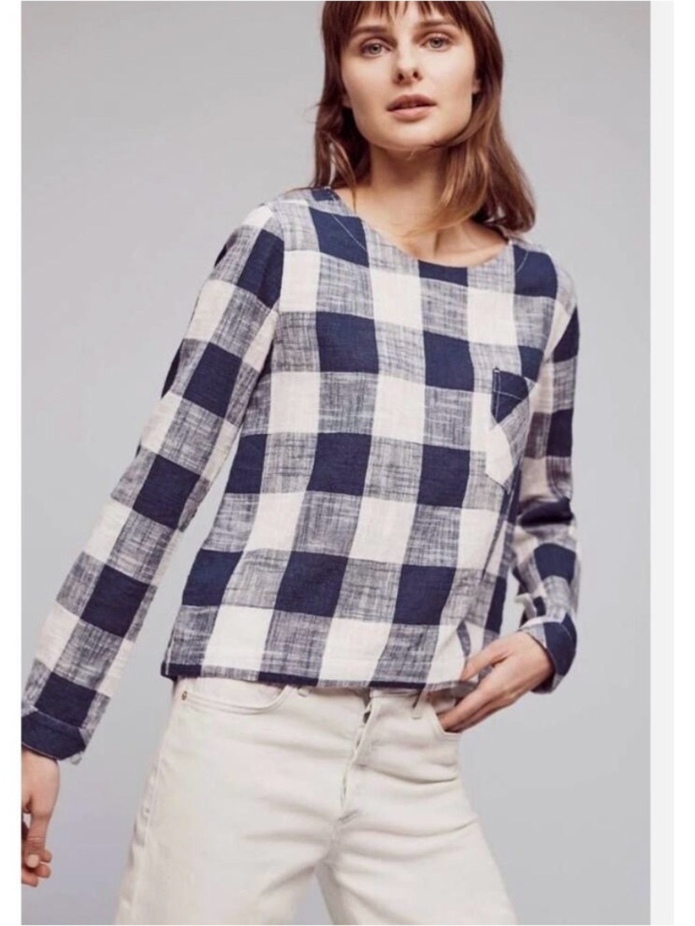 Cloth And Stone Anthropologie Top Sz L Linen Blend Gingham Plaid Navy Blue White